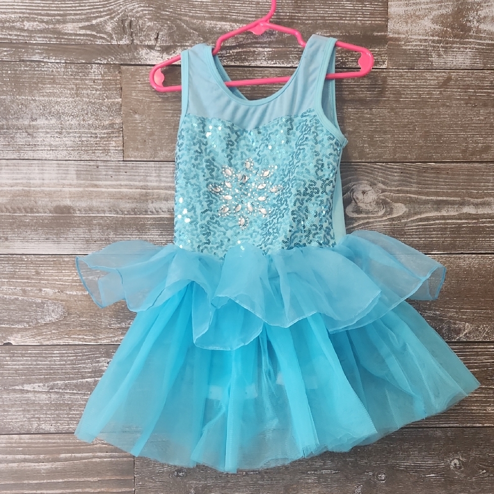 Glittery Blue Kids Dance Costume With Silver Sequins Hair Bow  size 4T